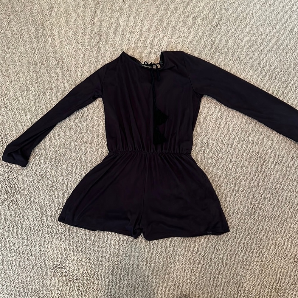 Faux suede black romper with gathered waist